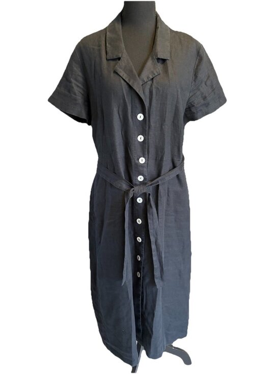 QUINCE Dresses & Skirts - Quince 100% European Linen Button Front Black Waist Tie Dress Size Large